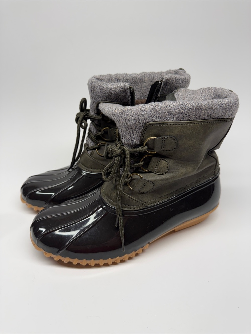 Sporto Lauren Olive and Black Waterproof Winter Duck Boots with Gray Knit Cuff